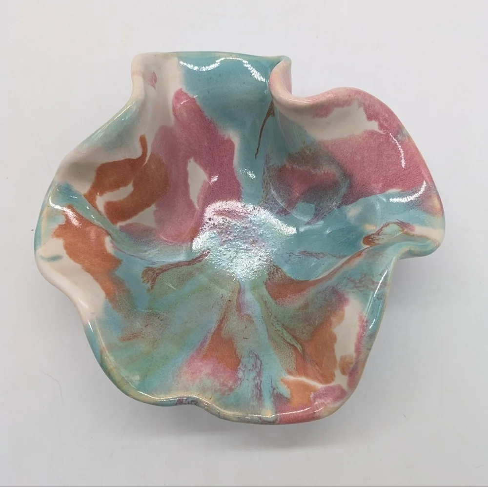 Handthrown Pink Blue Orange Ceramic Abstract Ruffle Edge Dish